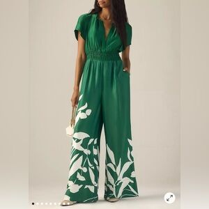 Anthropologie Green & White Leaf Print Wide-Leg Somerset Jumpsuit | XL